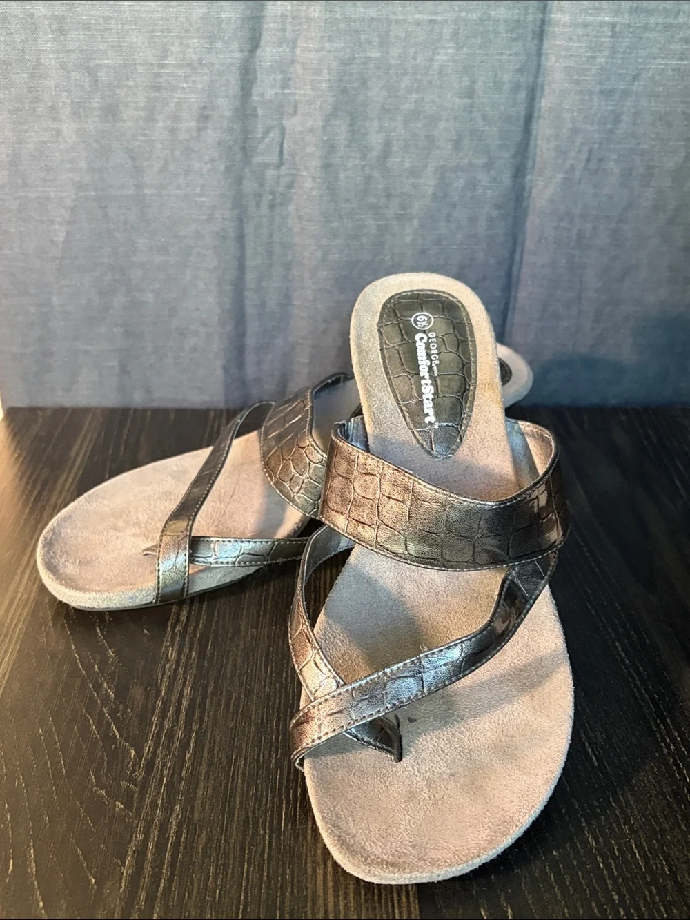 George Metallic Bronze Croc-Embossed Slide Sandals with Crisscross Straps